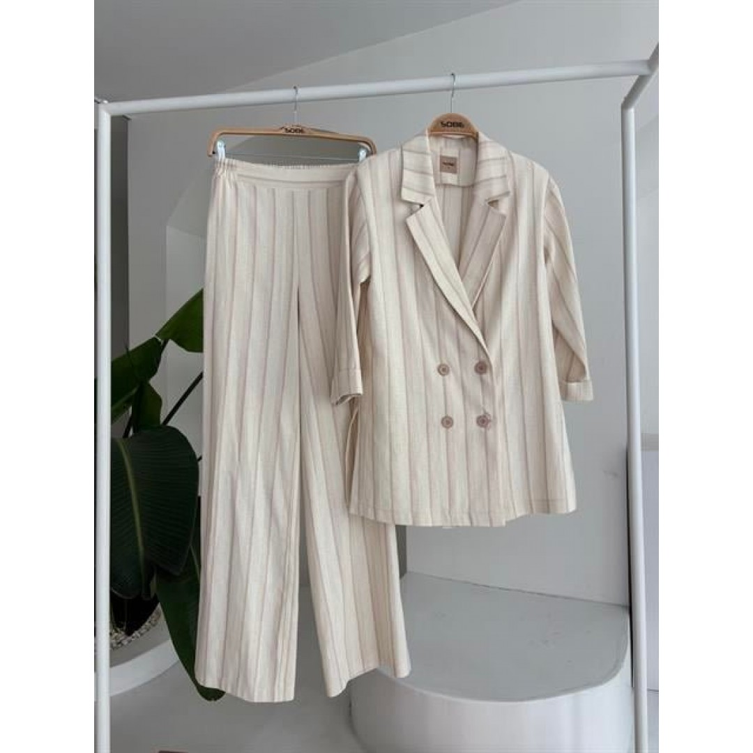 Blazer Ceketli Çizgili Keten Takım 10186 159435