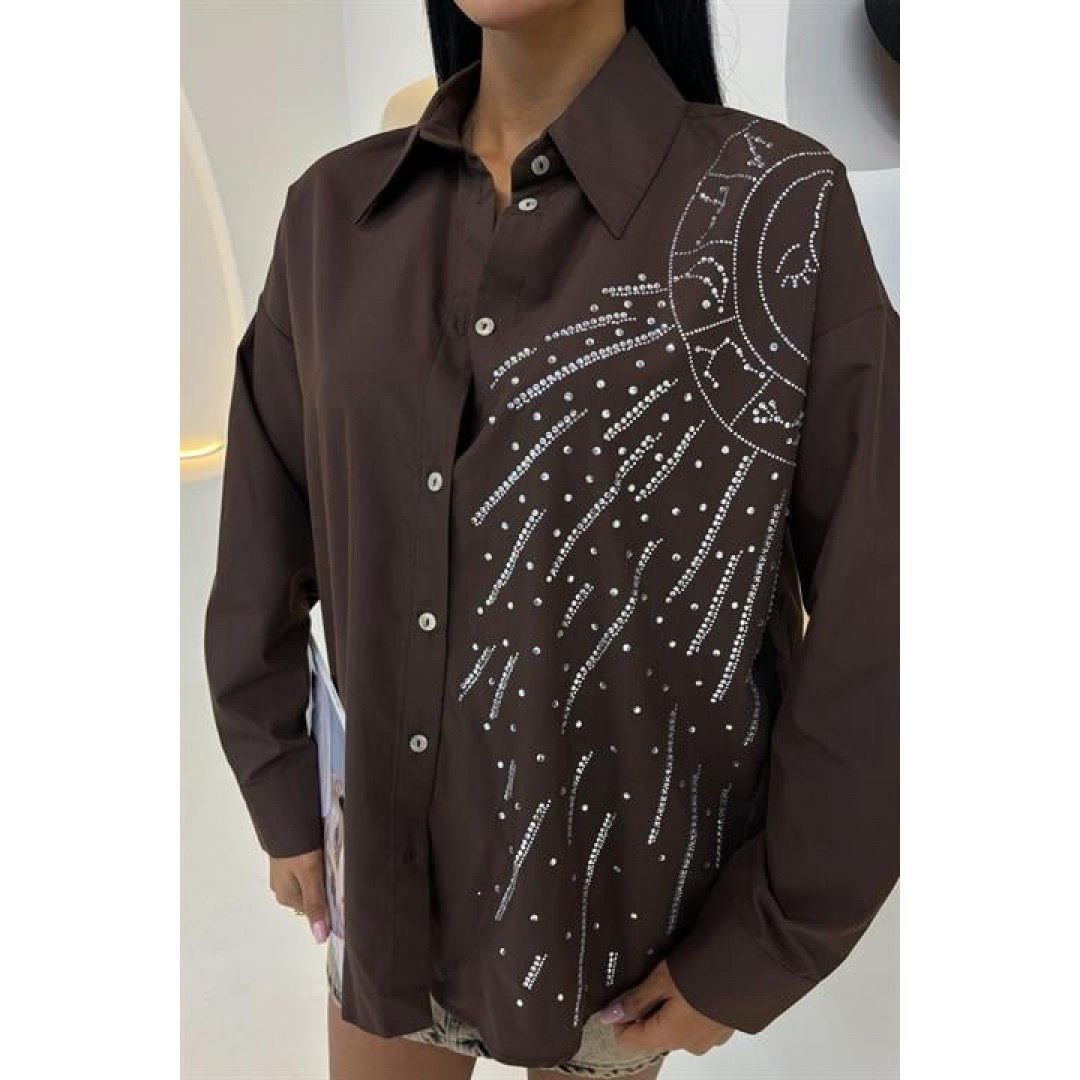 Ay Figürlü Taş İşlemeli Poplin Gömlek 3440 - 158497