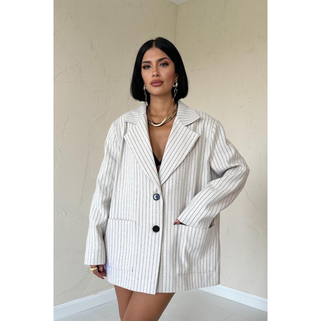 Bej Çizgili Oversize Ceket - 153644