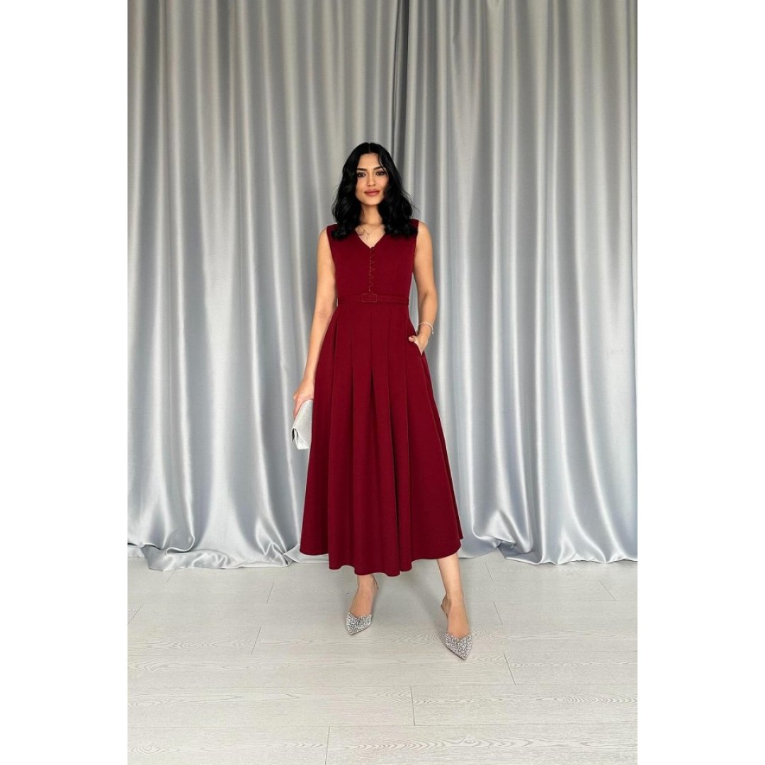 Bordo Önü Britli Pileli Elbise - 154626 Bordo Önü Britli Pileli Elbise - 154626