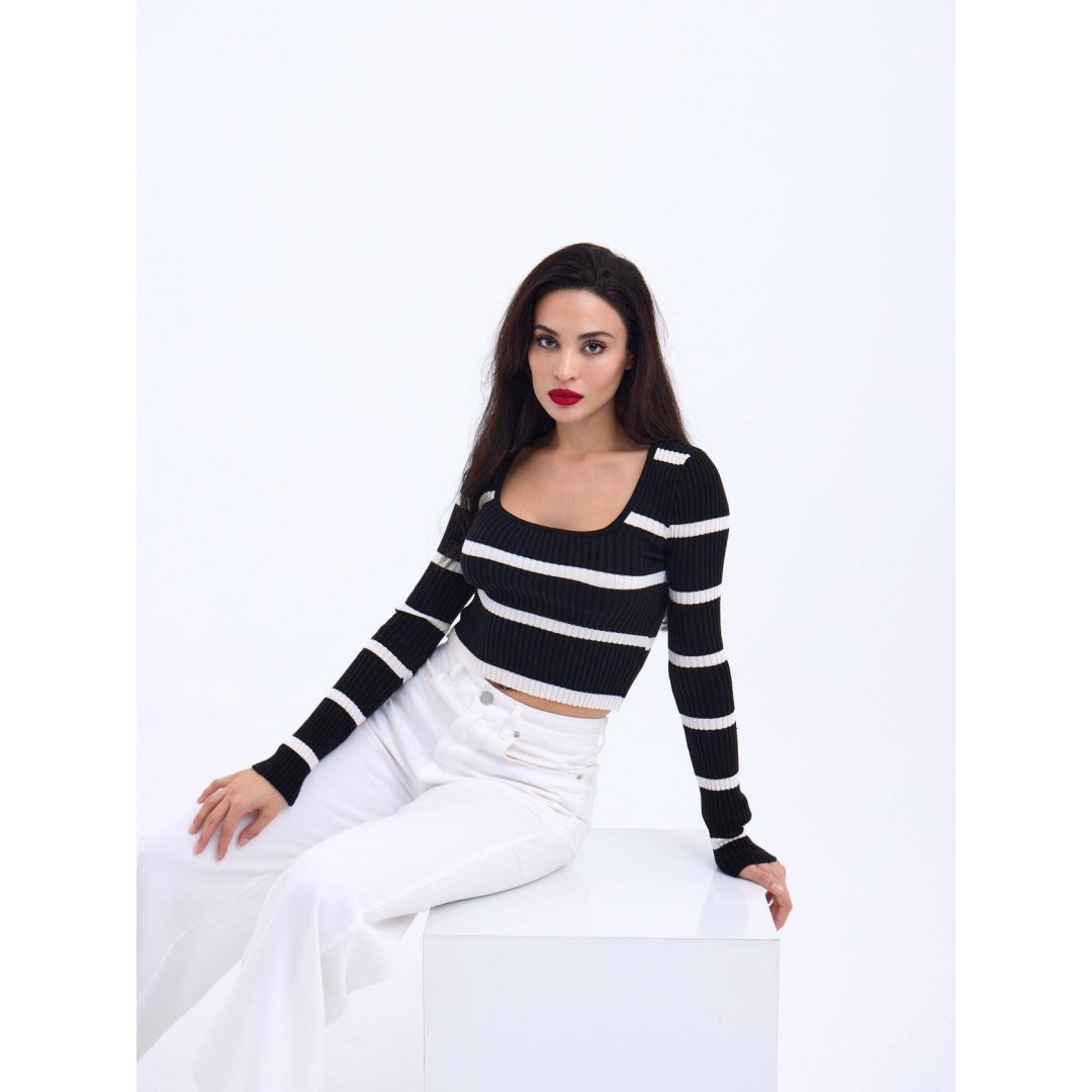 42221 TRİKO ÇİZGİLİ FİTİLLİ CROP-SİYAH-EKRU 144105