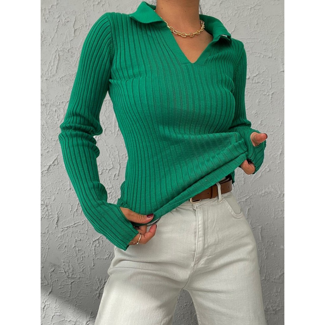 Kadın Yeşil Polo Yaka Parmak Detay Triko Bluz 2047 135562 Kadın Yeşil Polo Yaka Parmak Detay Triko Bluz 2047 135562