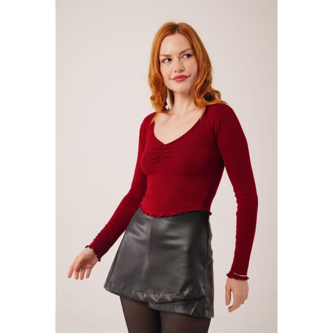 Geniş Yaka Bordo Basic Body Bluz 148076