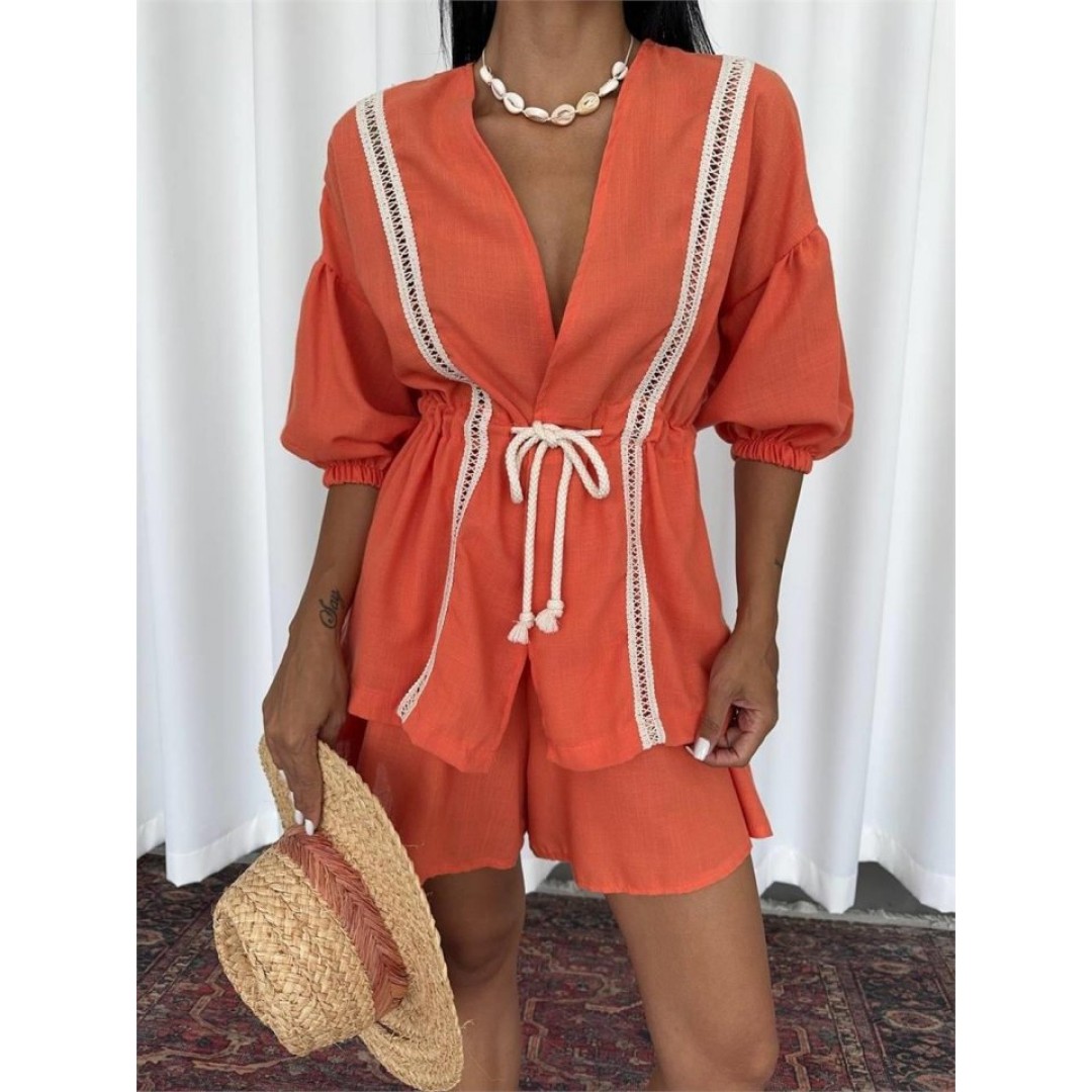 KETEN BEL BÜZGÜLÜ BLUZ-PANTOLON TAKIM - Orange 152265 KETEN BEL BÜZGÜLÜ BLUZ-PANTOLON TAKIM - Orange 152265