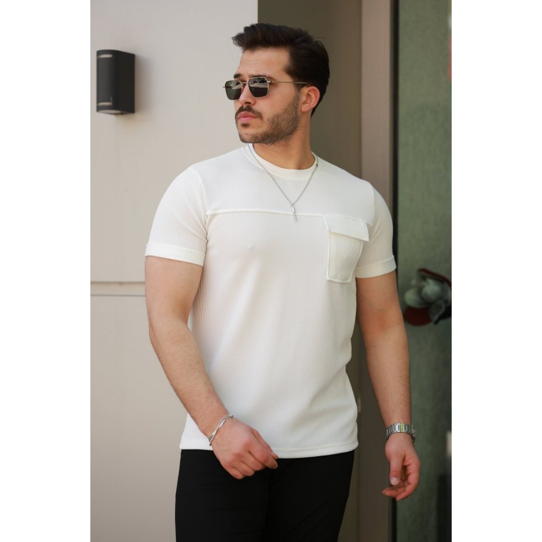 Erkek Cepli Kolyeli Kısa Kollu örme Kumaş T-shirt 159933