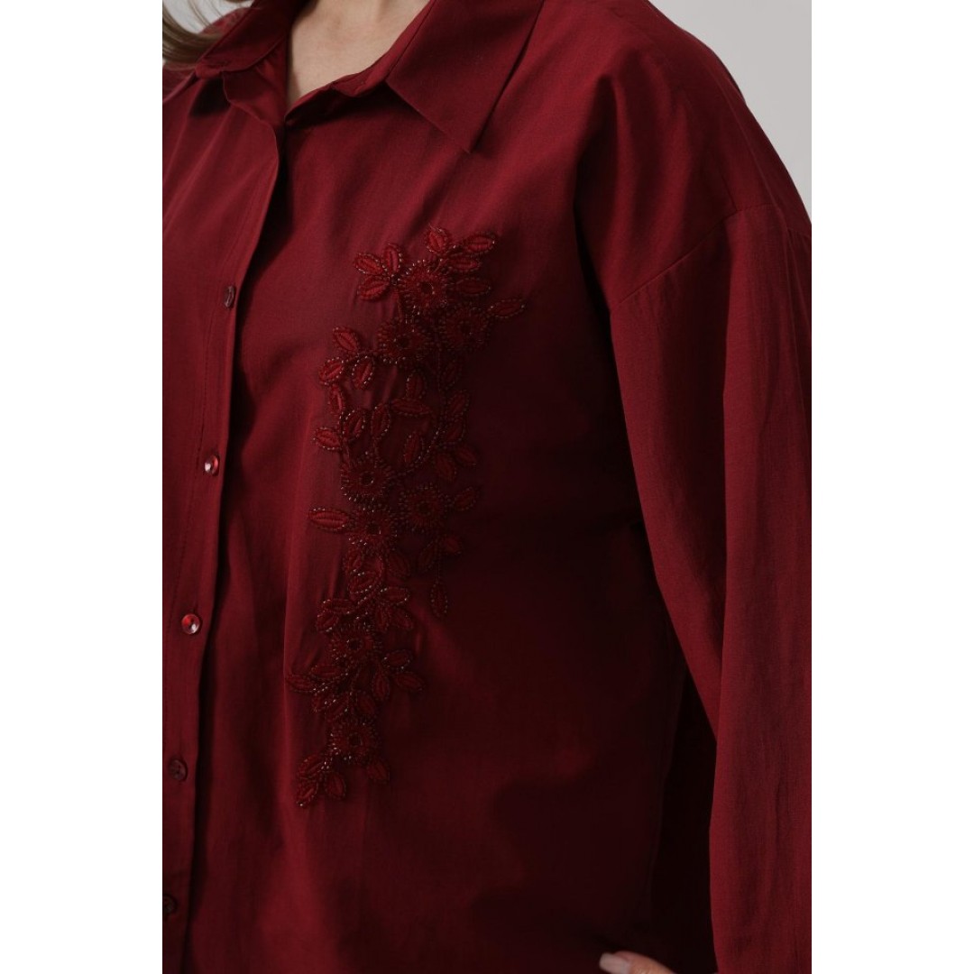 Boncuk Nakış Detaylı Uzun Gömlek - Bordo 159718