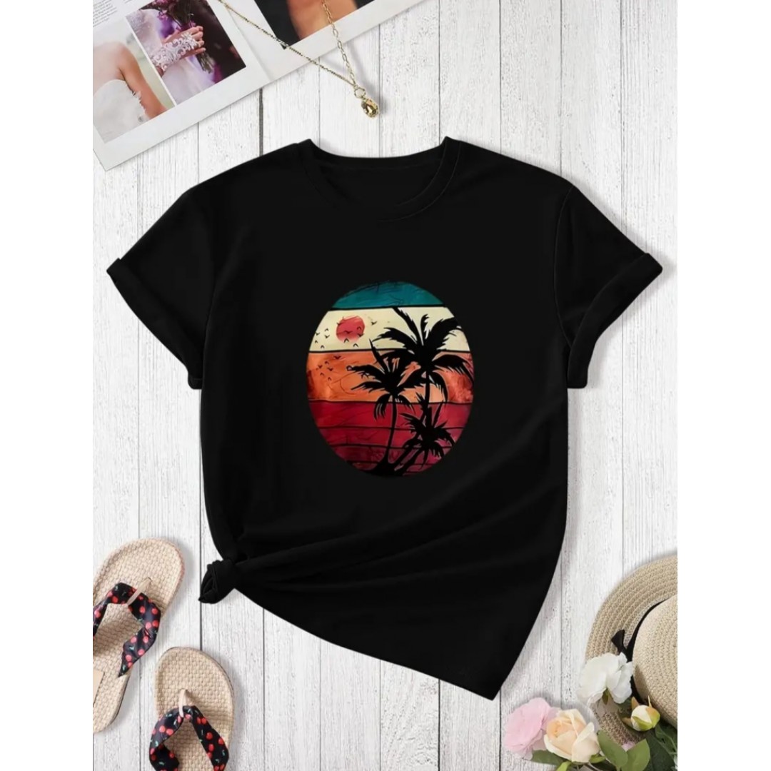 Kadın Kısa Kollu Palmiye Baskılı Viskon T-shirt 161925