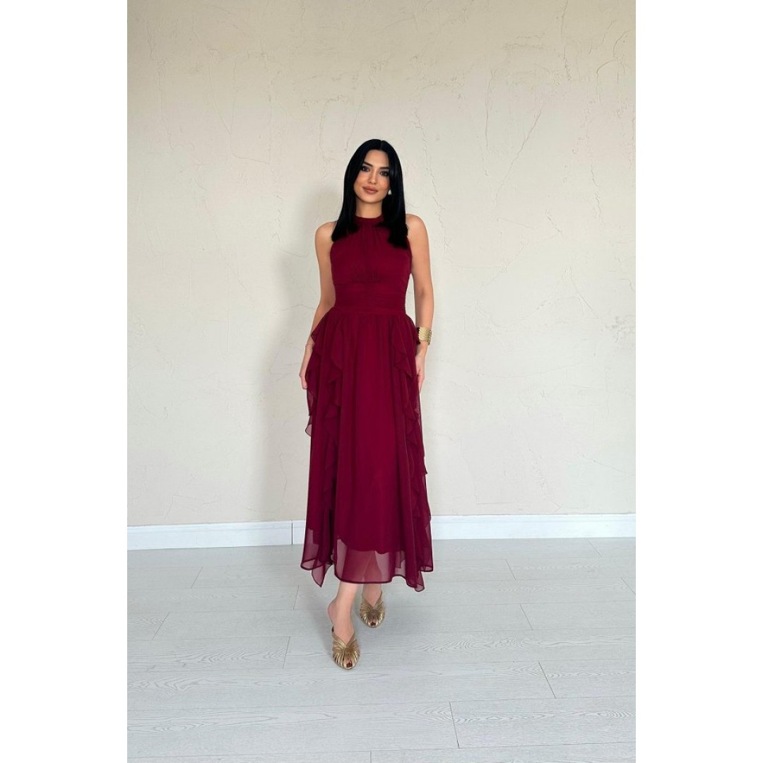 Bordo Önü Büzgülü Fırfırlı Elbise - 157461 Bordo Önü Büzgülü Fırfırlı Elbise - 157461