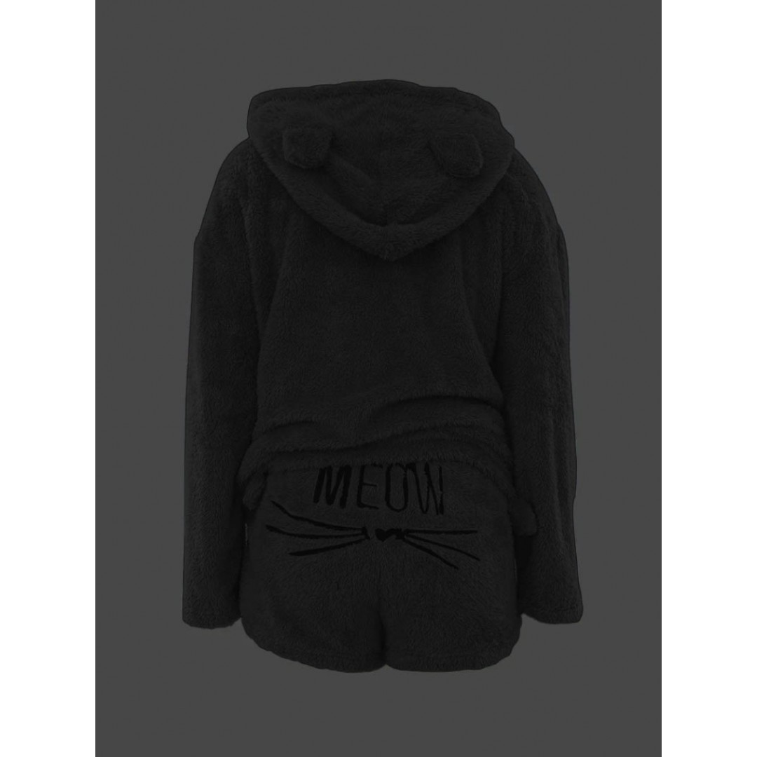 Kadın Uzun Kollu Meow Kedi Nakışlı Kapşonlu Peluş Sweat Ve Short Ikili Takım 138430 Kadın Uzun Kollu Meow Kedi Nakışlı Kapşonlu Peluş Sweat Ve Short Ikili Takım 138430