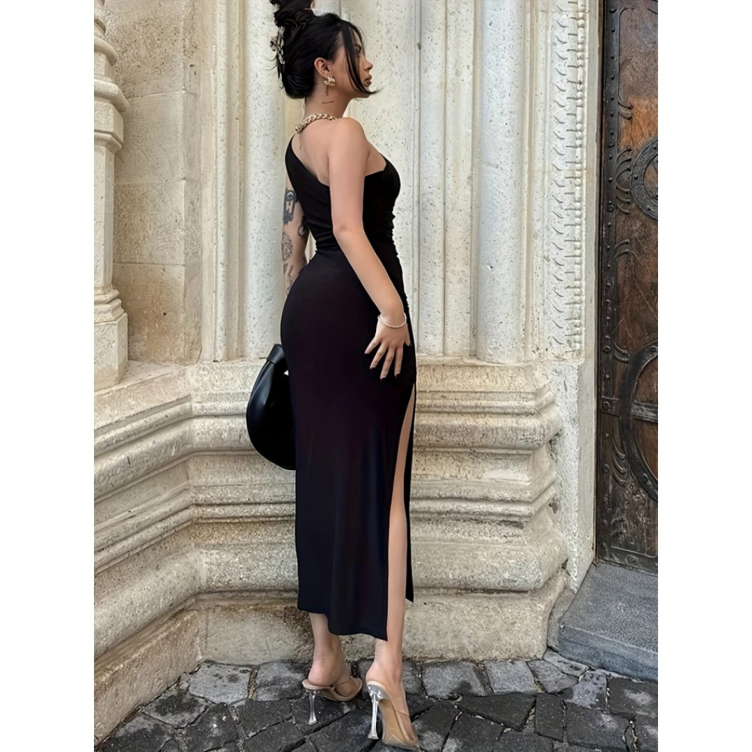 Kadın Tek Omuzu Açık Büzgülü Yandan Yırtmaçlı Uzun Sandy Elbise - 156860