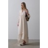 Çizgili Oversize V Yaka Elbise - Bej - 154465