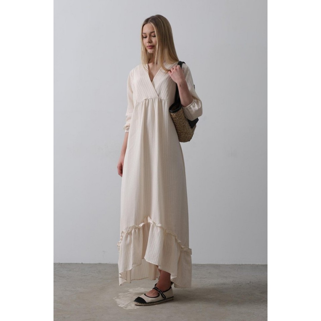Çizgili Oversize V Yaka Elbise - Bej - 154465