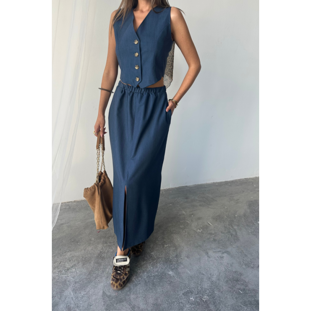 TENCEL YELEK - YIRTMAÇLI ETEK TAKIM - İndigo 159986 TENCEL YELEK - YIRTMAÇLI ETEK TAKIM - İndigo 159986