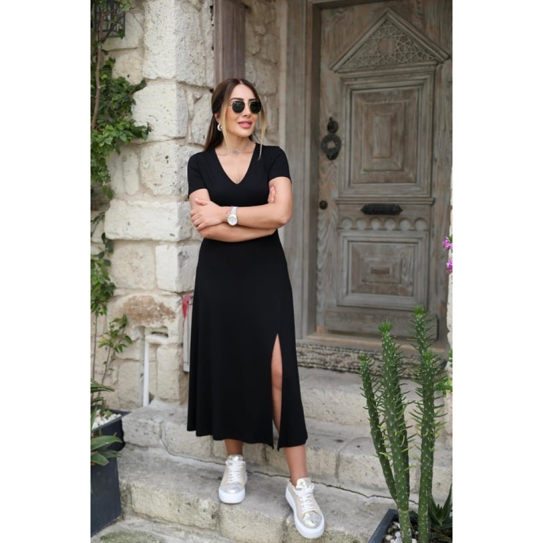 Kadın Kısa Kollu V Yaka Maxi Boy Elbise 124 Cm - 54824 Kadın Kısa Kollu V Yaka Maxi Boy Elbise 124 Cm - 54824
