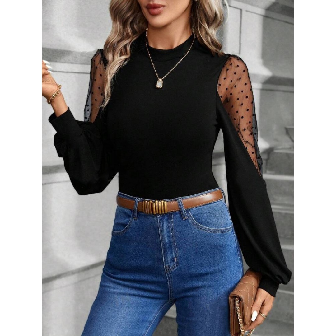 Kadın Uzun Kollu Yarı Balıkçı Yaka Kolları Tül Detaylı Ithal Krep Bluz - 141273 Kadın Uzun Kollu Yarı Balıkçı Yaka Kolları Tül Detaylı Ithal Krep Bluz - 141273