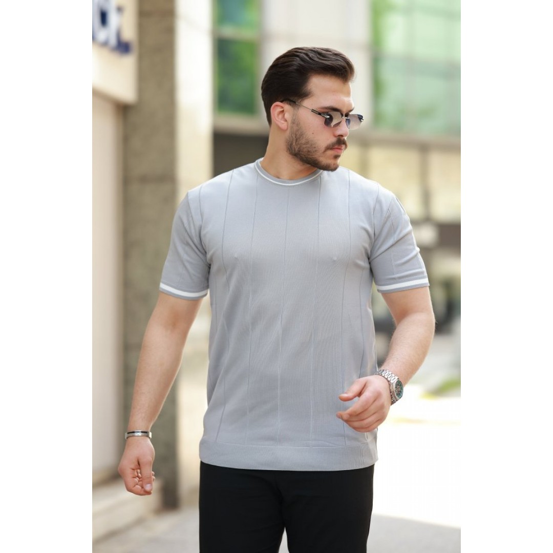 Erkek Bisiklet Yaka çizgi Desenli Ribanalı Kısa Kollu Tshirt