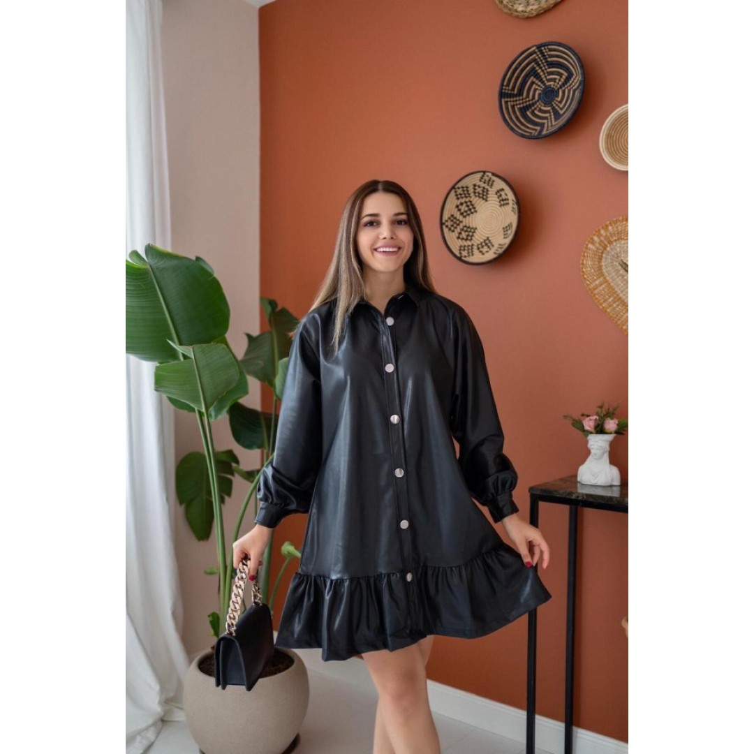 Siyah Eteği Büzgülü Deri Elbise - 149055 Siyah Eteği Büzgülü Deri Elbise - 149055