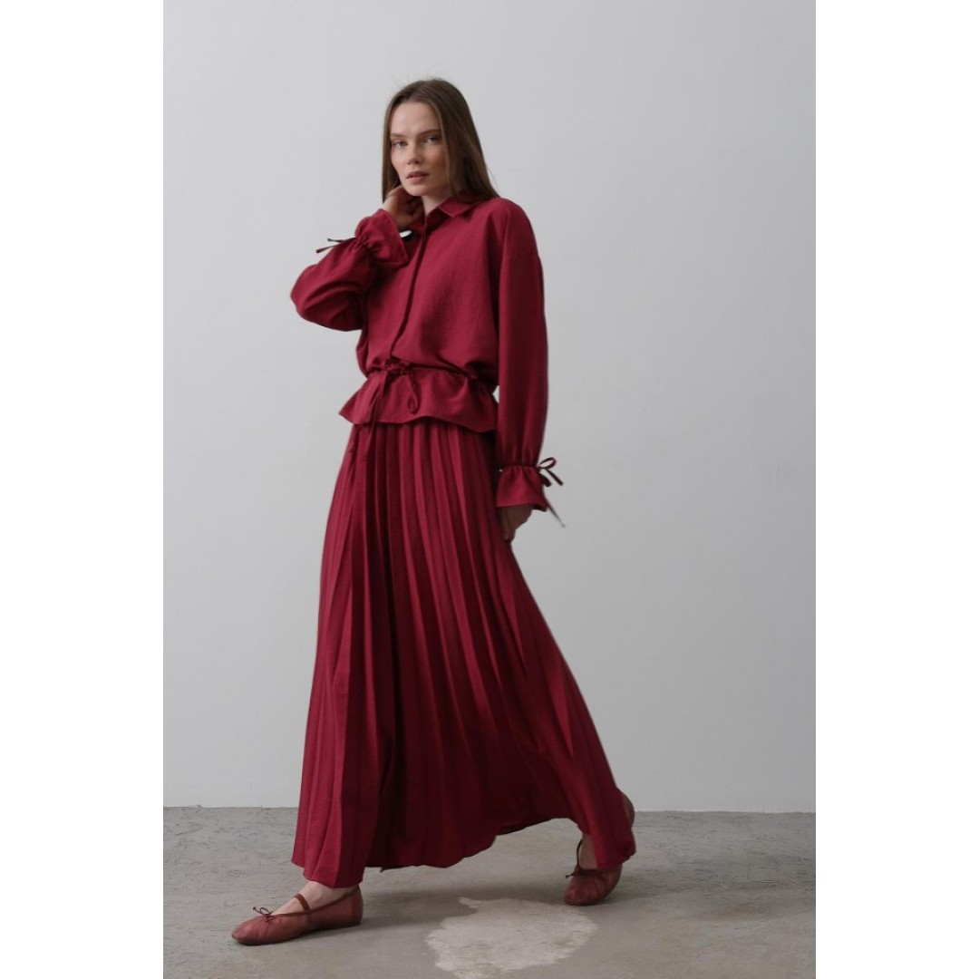 Bel Detaylı Bluz Pileli Etek - Bordo