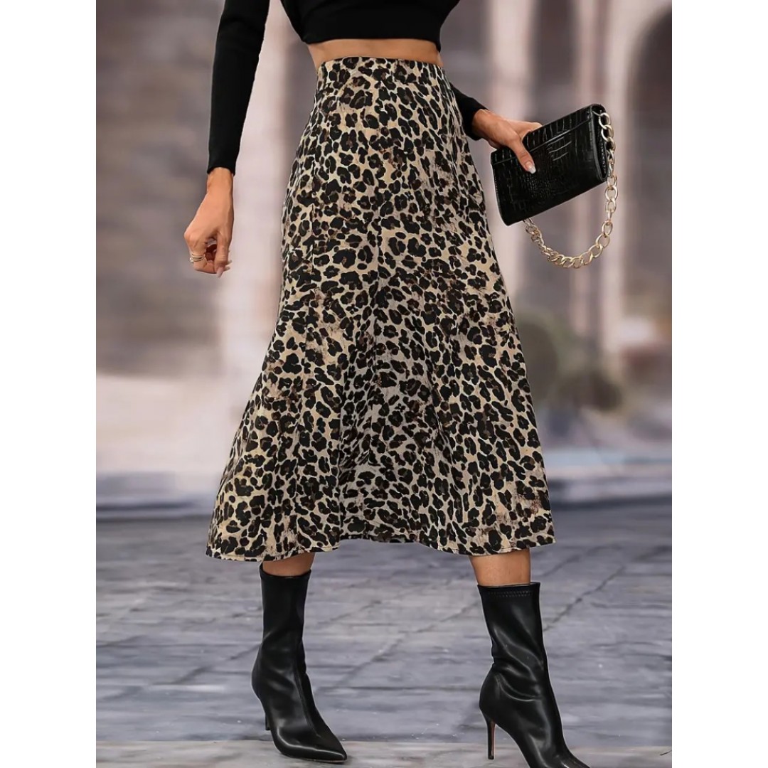 Kadın Yüksek Bel Leopar Desenli Midi Krep Etek 138586 Kadın Yüksek Bel Leopar Desenli Midi Krep Etek 138586