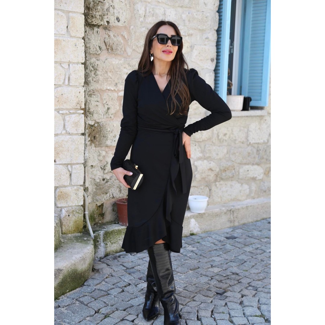 Krep Kumaş Midi Boy Kuşaklı Uzunkol Elbise 113 Cm - 42673 Krep Kumaş Midi Boy Kuşaklı Uzunkol Elbise 113 Cm - 42673