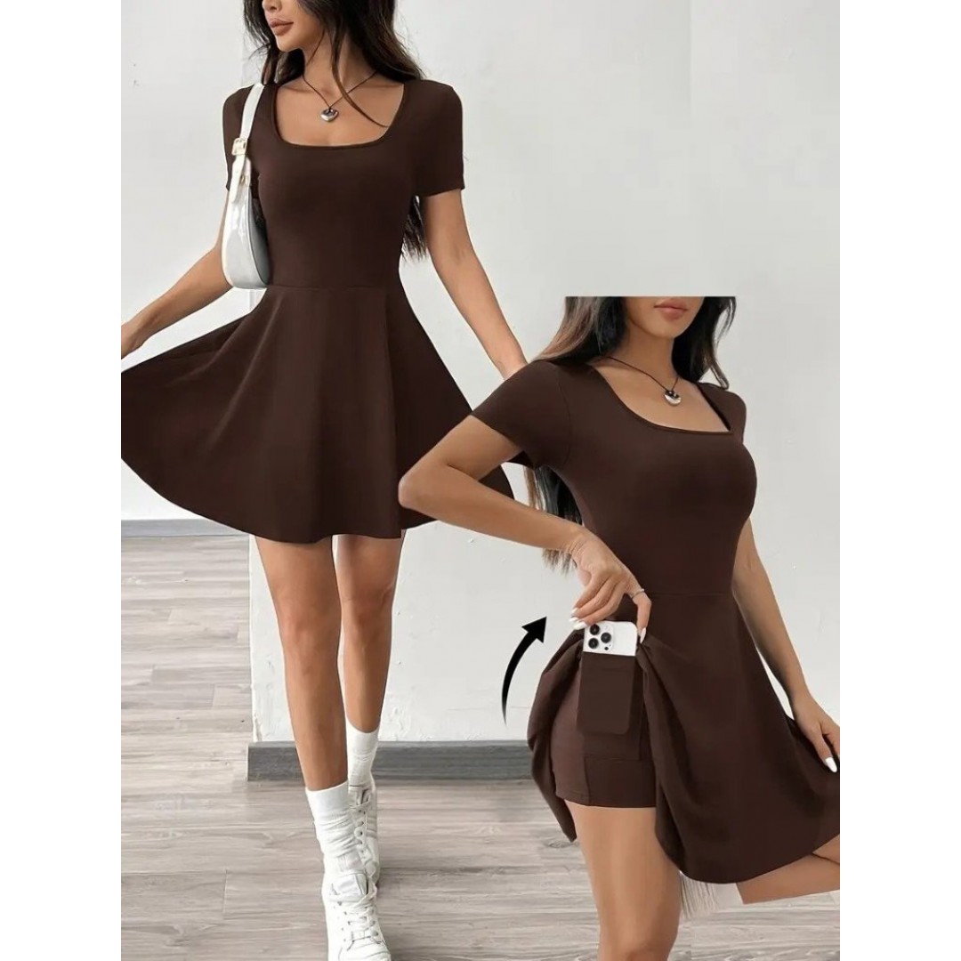 Kadın Kısa Kollu Kare Yaka Short Detaylı Cepli Dalgıç Elbise - 159361