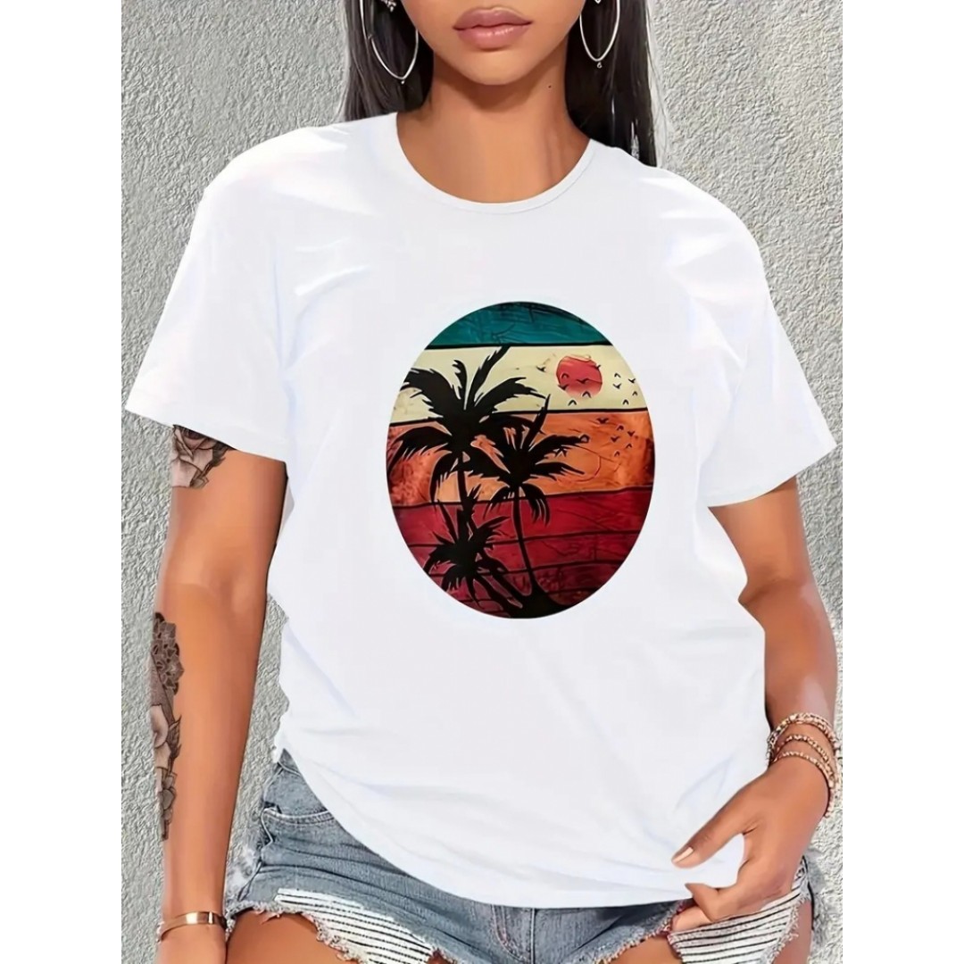 Kadın Kısa Kollu Palmiye Baskılı Viskon T-shirt 161924 Kadın Kısa Kollu Palmiye Baskılı Viskon T-shirt 161924