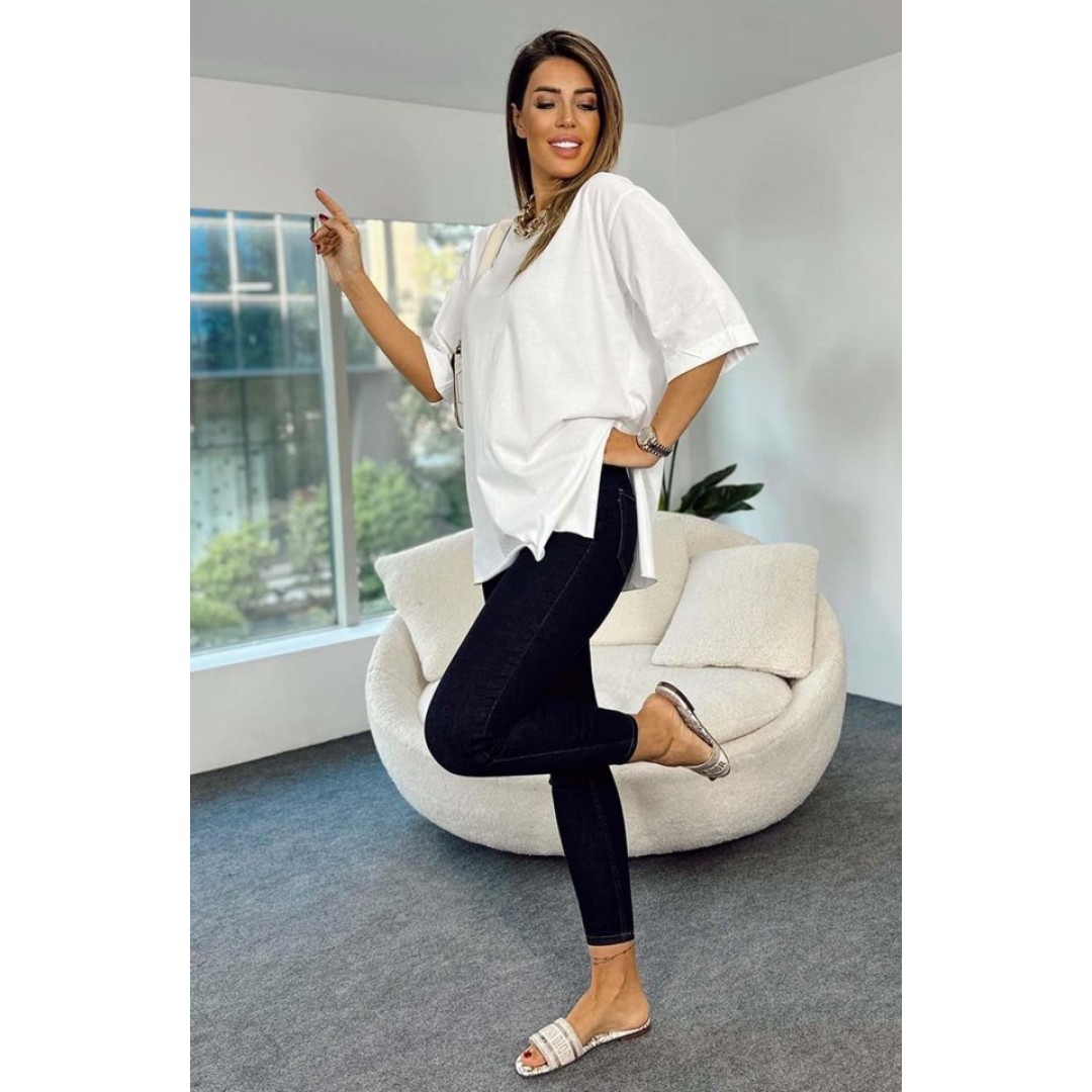 4123 Yırtmaçlı Oversize Tişört - Beyaz 144758 4123 Yırtmaçlı Oversize Tişört - Beyaz 144758