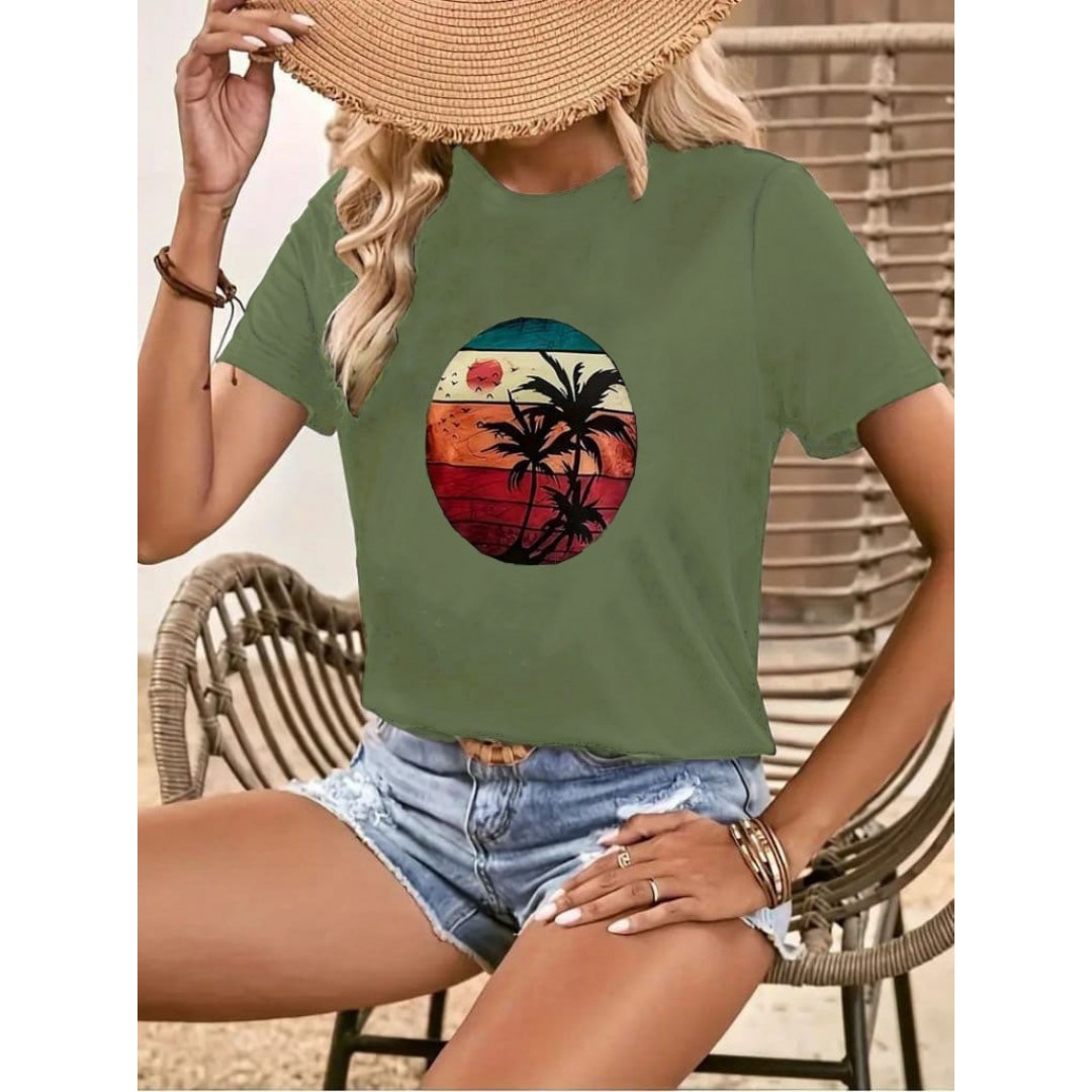 Kadın Kısa Kollu Palmiye Baskılı Viskon T-shirt - 115762 Kadın Kısa Kollu Palmiye Baskılı Viskon T-shirt - 115762