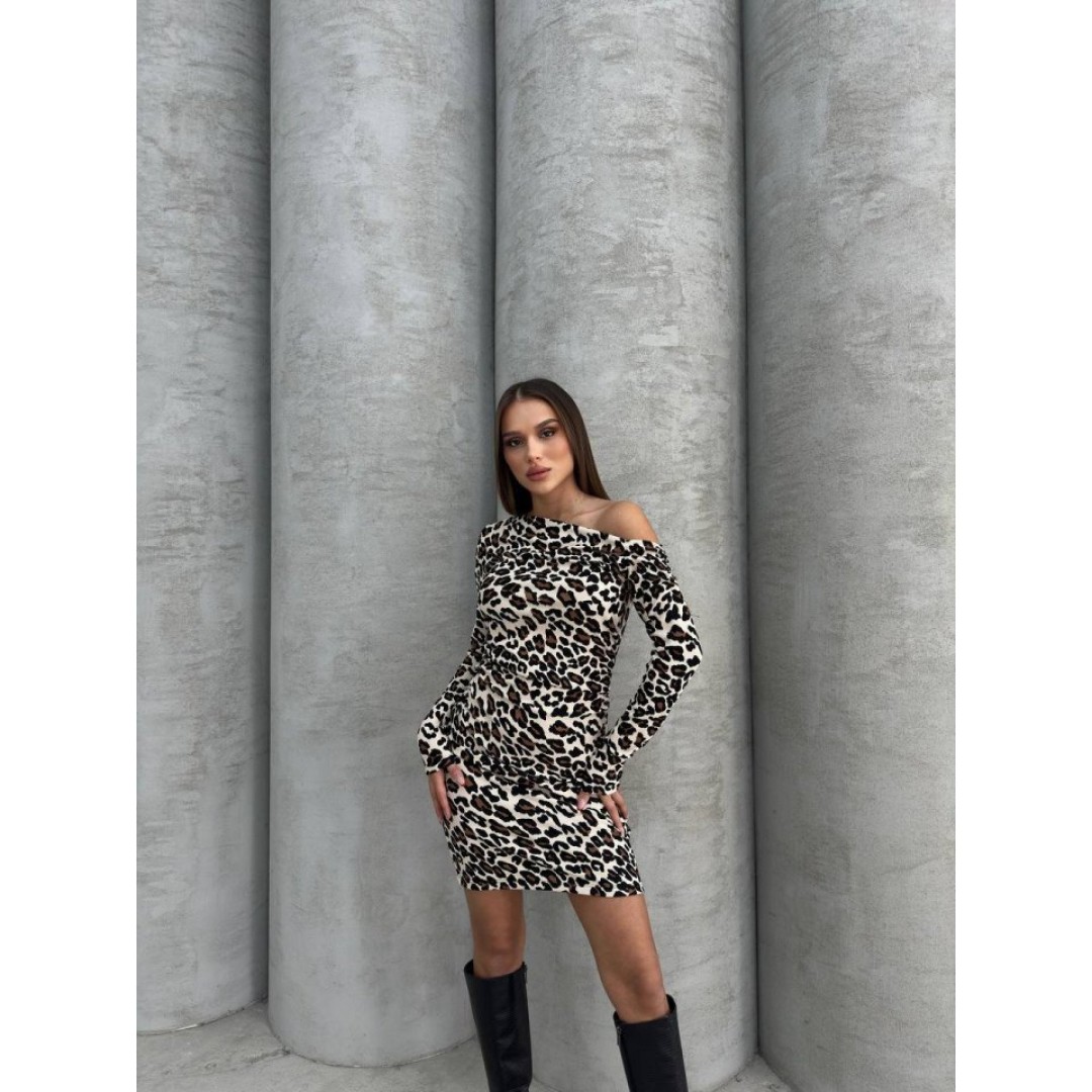 Kadın Uzun Kollu Leopar Desen Omuz Dekolteli Mini Elbise - 139304 Kadın Uzun Kollu Leopar Desen Omuz Dekolteli Mini Elbise - 139304