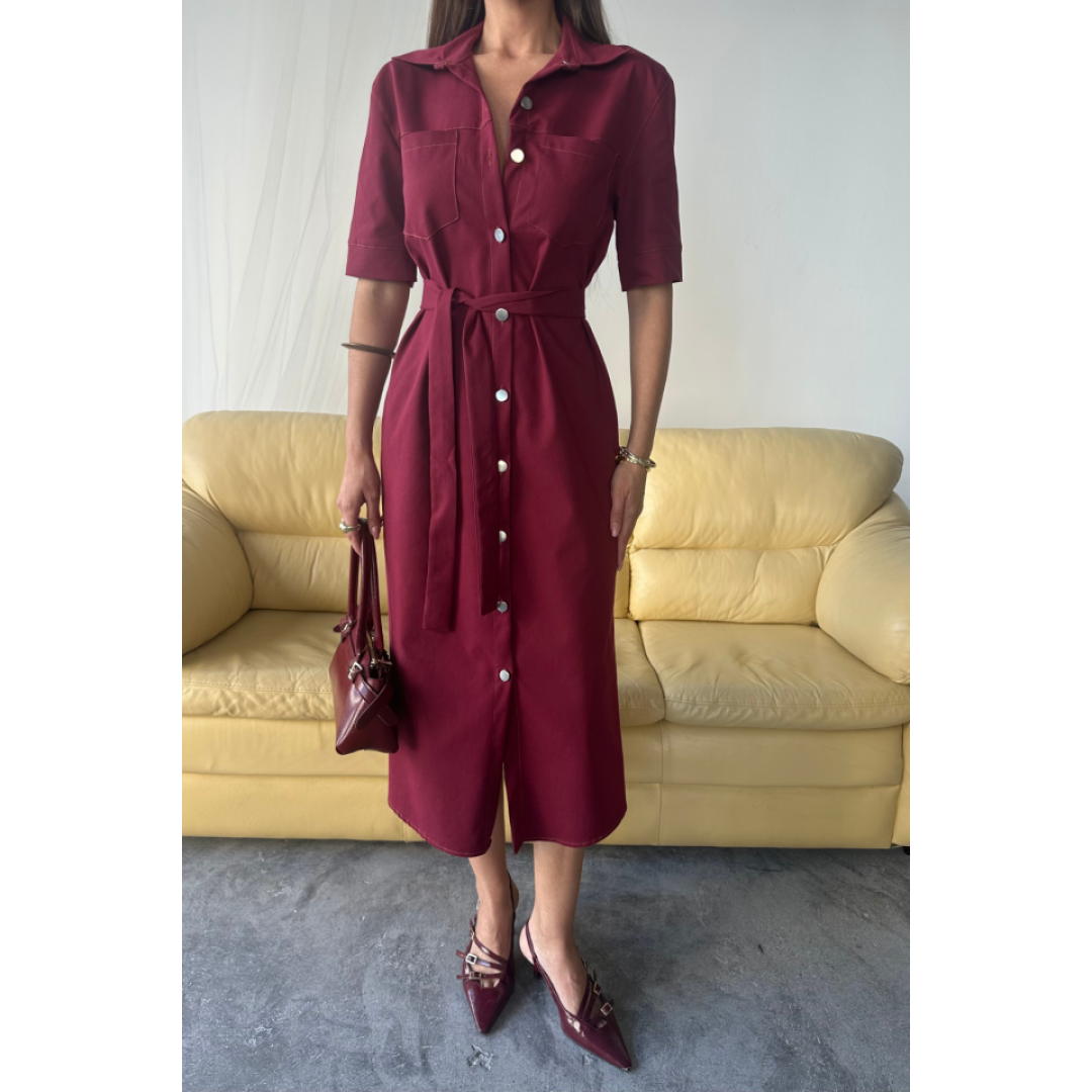 TENCEL ÖNDEN DÜĞMELİ KISA KOL ELBİSE - Bordo 160283