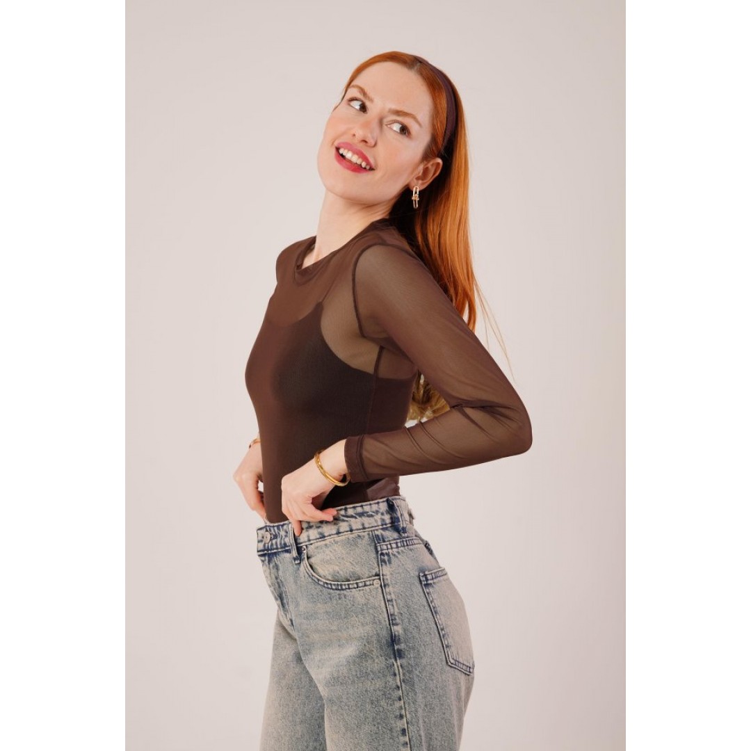 Transparan Kahverengi Tül Basic Bluz 148065 Transparan Kahverengi Tül Basic Bluz 148065