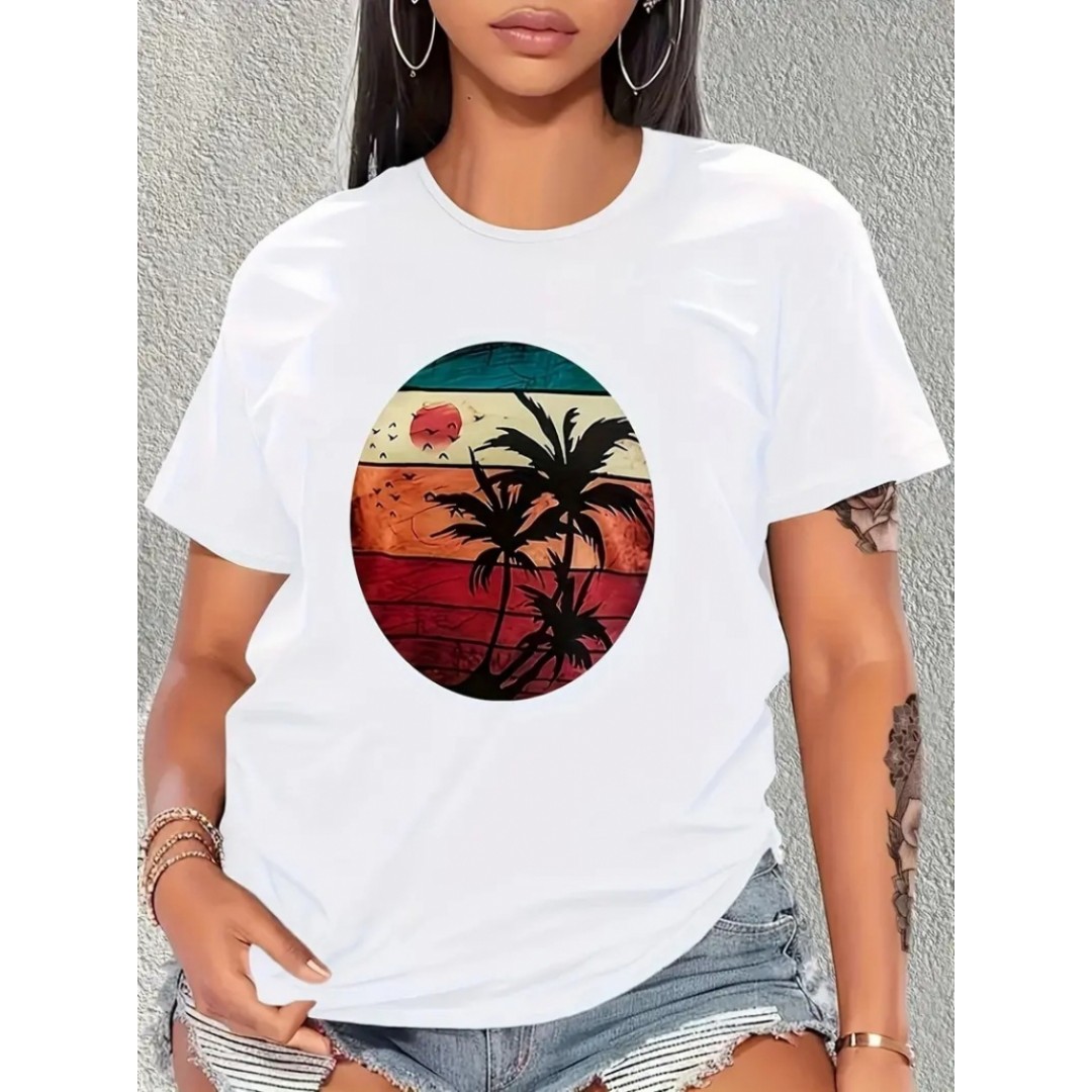 Kadın Kısa Kollu Palmiye Baskılı Viskon T-shirt 115763 Kadın Kısa Kollu Palmiye Baskılı Viskon T-shirt 115763