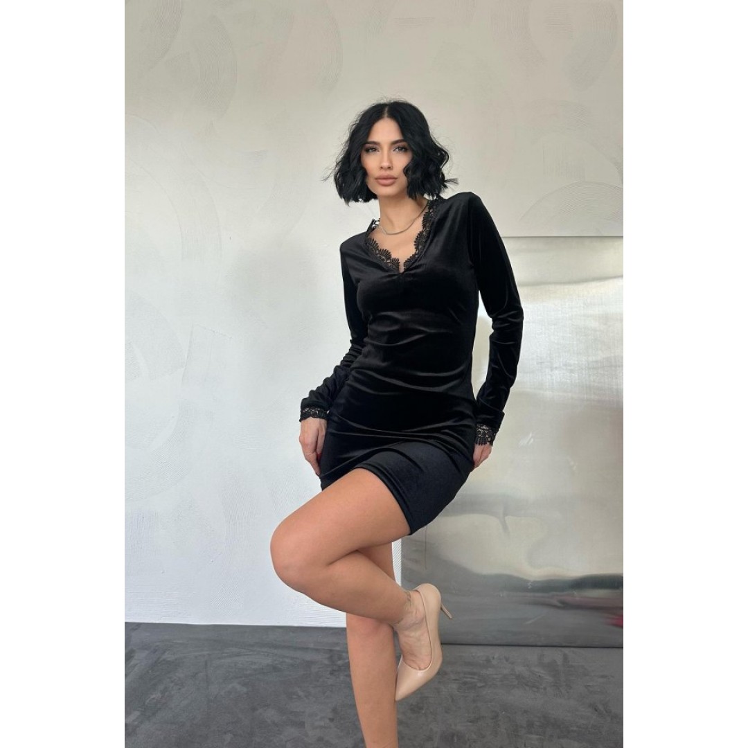 Siyah Yaka Ve Kol Dantelli Mini Elbise 151735 Siyah Yaka Ve Kol Dantelli Mini Elbise 151735