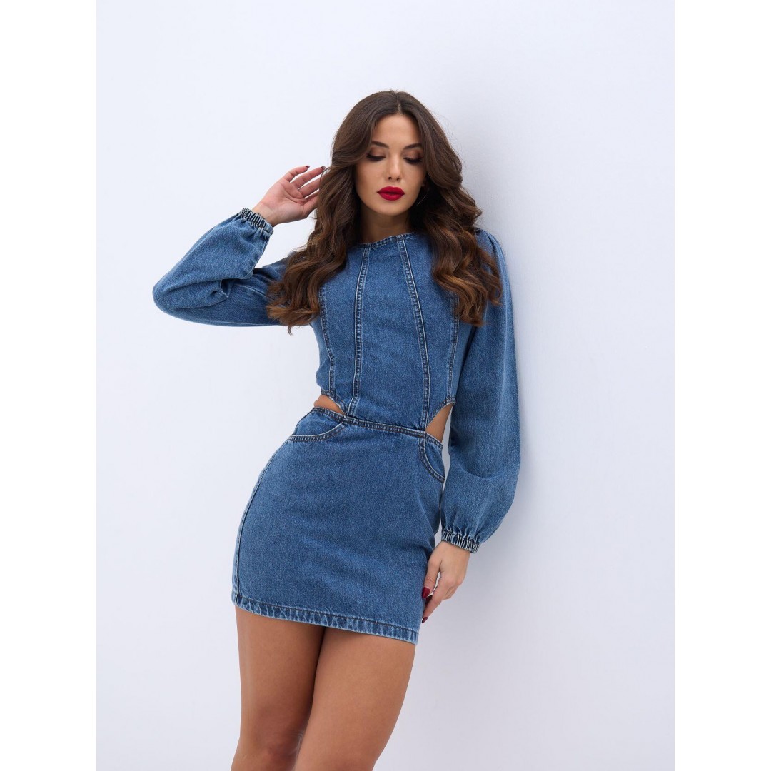 6834 WINDOWED DENIM DRESS-MAVİ - 143139