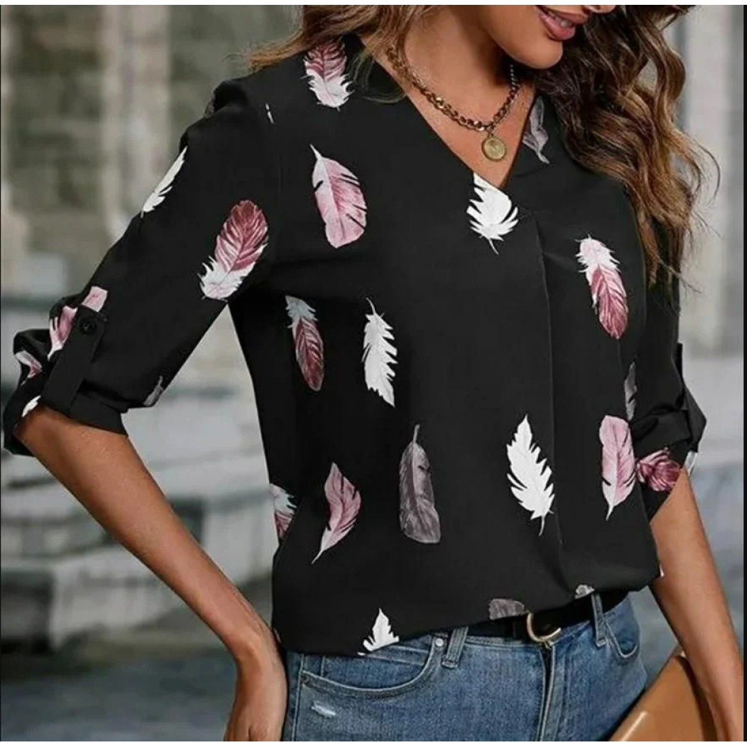 Kadın Yaprak Baskı Ayarlanabilir Fakir Kol Süper Soft Bluz 115568 Kadın Yaprak Baskı Ayarlanabilir Fakir Kol Süper Soft Bluz 115568