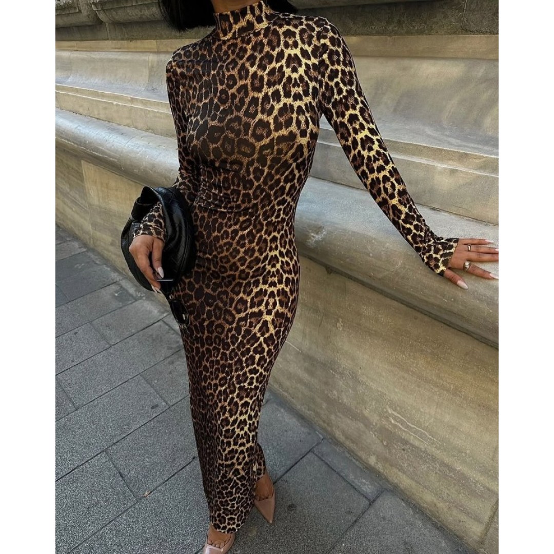 Kadın Uzun Kollu Balıkçı Yaka Gull Likralı Leopar Desen Maxi Boy Elbise - 140142 Kadın Uzun Kollu Balıkçı Yaka Gull Likralı Leopar Desen Maxi Boy Elbise - 140142