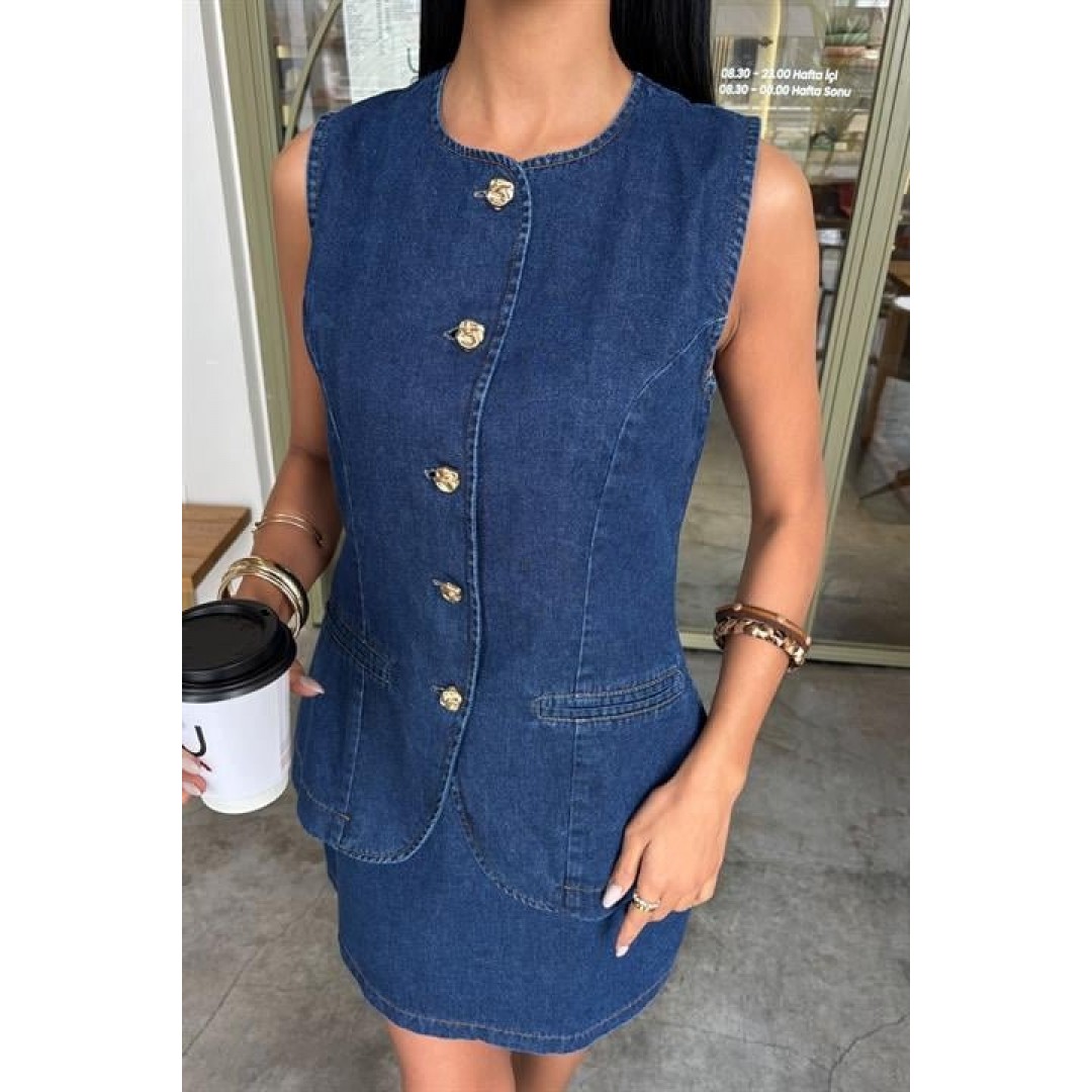 Kolsuz Yelekli Mini Etekli Denim Takım 10164 - 159266 Kolsuz Yelekli Mini Etekli Denim Takım 10164 - 159266