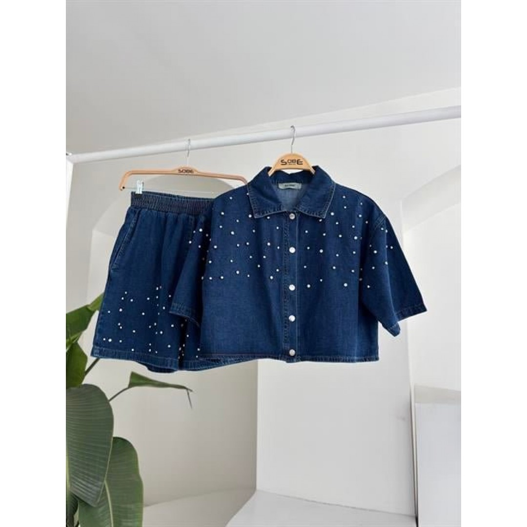 Taş Detaylı Gömlek Şort Denim Takım 10175 159450 Taş Detaylı Gömlek Şort Denim Takım 10175 159450