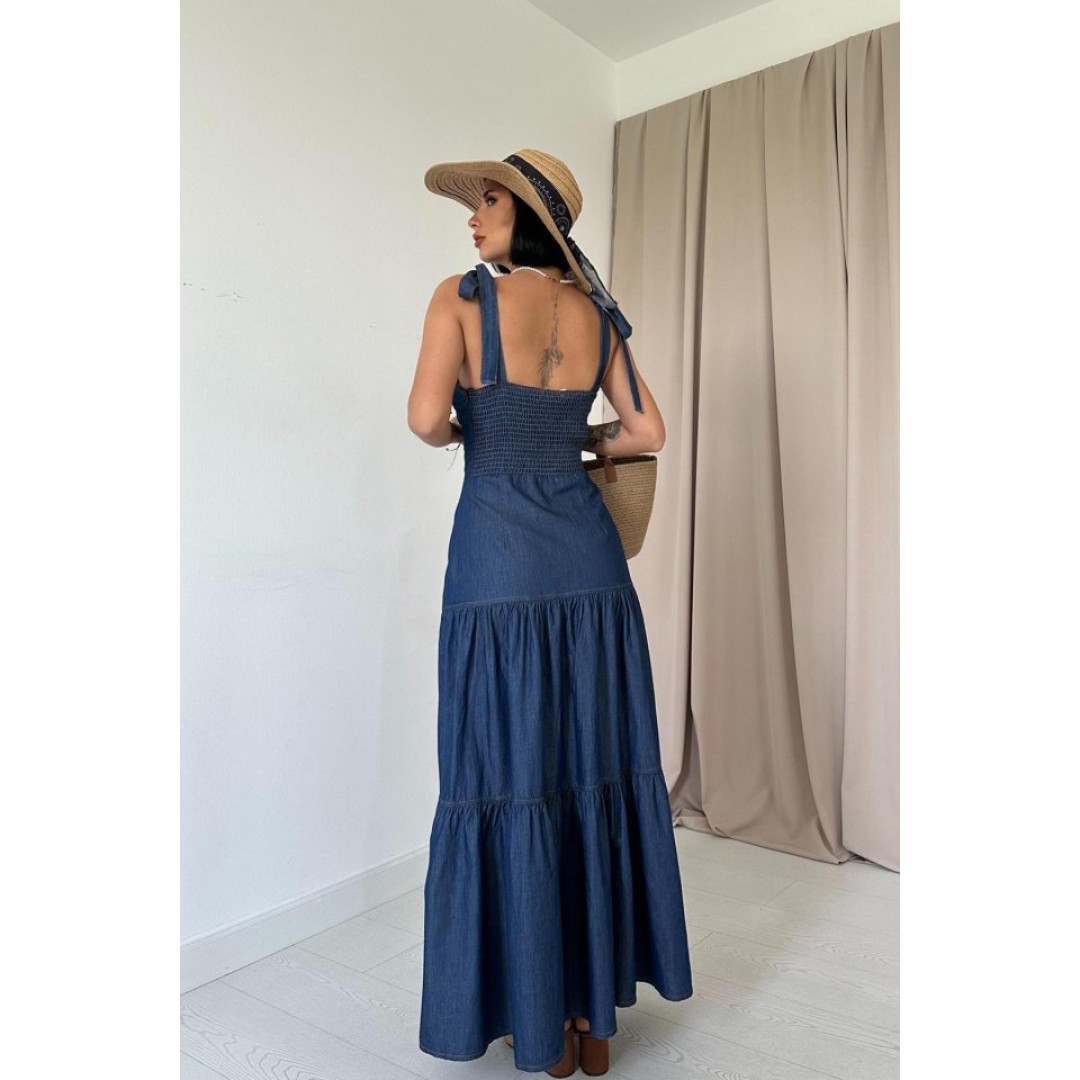 Mavi Tencel Bağlamalı Askılı Elbise - 153502 Mavi Tencel Bağlamalı Askılı Elbise - 153502