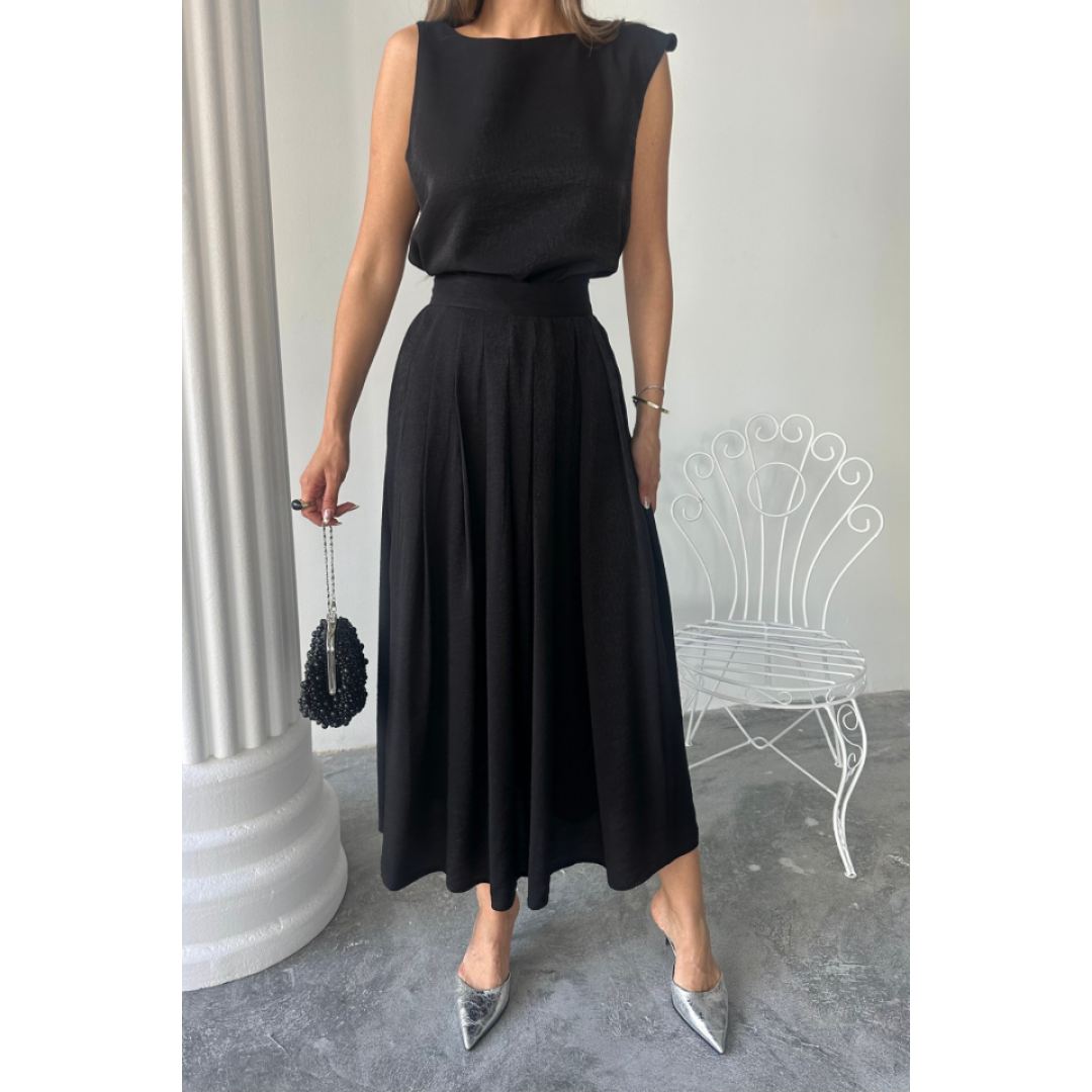 KETEN KOLSUZ BLUZ - MAXİ ETEK TAKIM - Siyah 161848