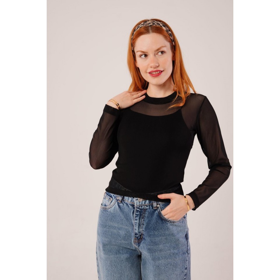 Transparan Siyah Tül Basic Bluz 148067 Transparan Siyah Tül Basic Bluz 148067