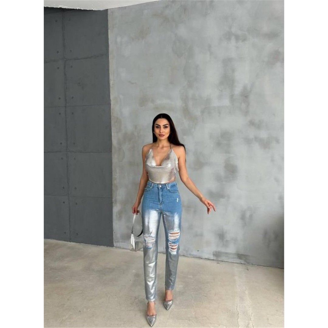 DİZ YIRTIK VARAKLI MOM KOT PANTOLON - Gümüş