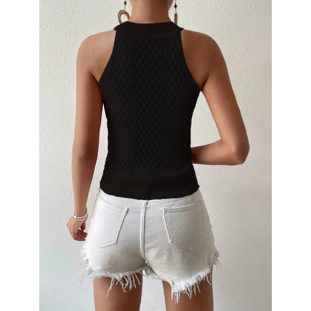 Kadın Kolsuz Halter Yaka Mini Baklava Desenli Triko Bluz - 159562 Kadın Kolsuz Halter Yaka Mini Baklava Desenli Triko Bluz - 159562