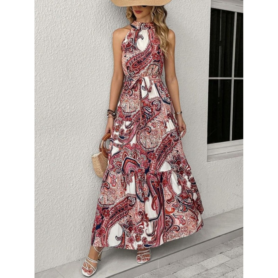 Kadın Halter Yakalı Omuzlardan Açık Kuşaklı Maksi Boy Desenli Süprem Elbise - 160153 Kadın Halter Yakalı Omuzlardan Açık Kuşaklı Maksi Boy Desenli Süprem Elbise - 160153