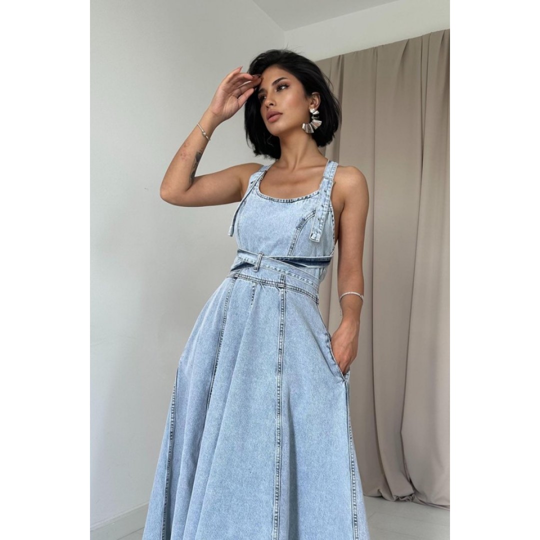 Kar Yıkama Midi Boy Bantlı Kot Elbise - 156272 Kar Yıkama Midi Boy Bantlı Kot Elbise - 156272
