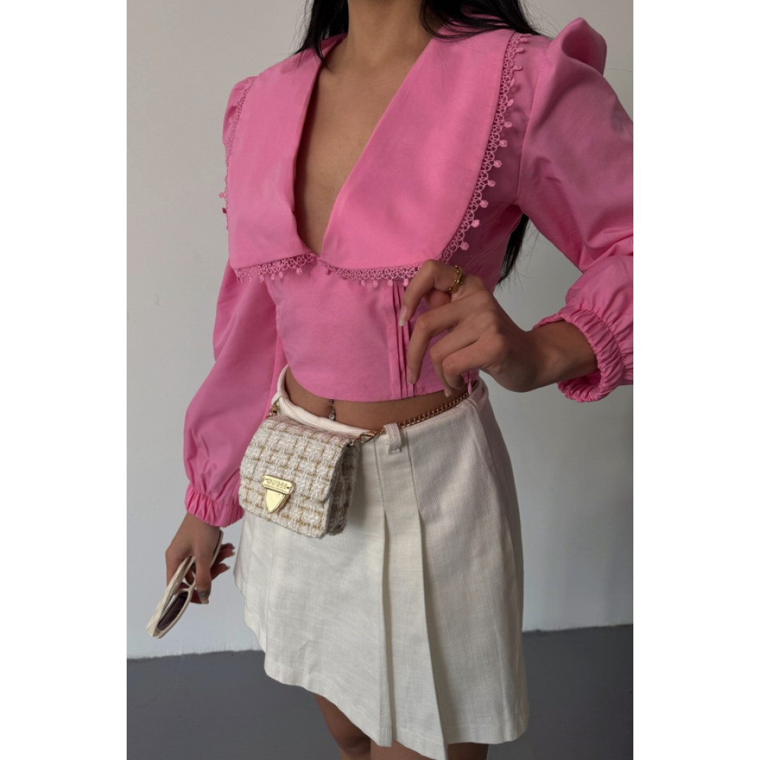 CROP POPLİN GÖMLEK YAKA KENAR DANTEL DETAYLI - Pembe 153794