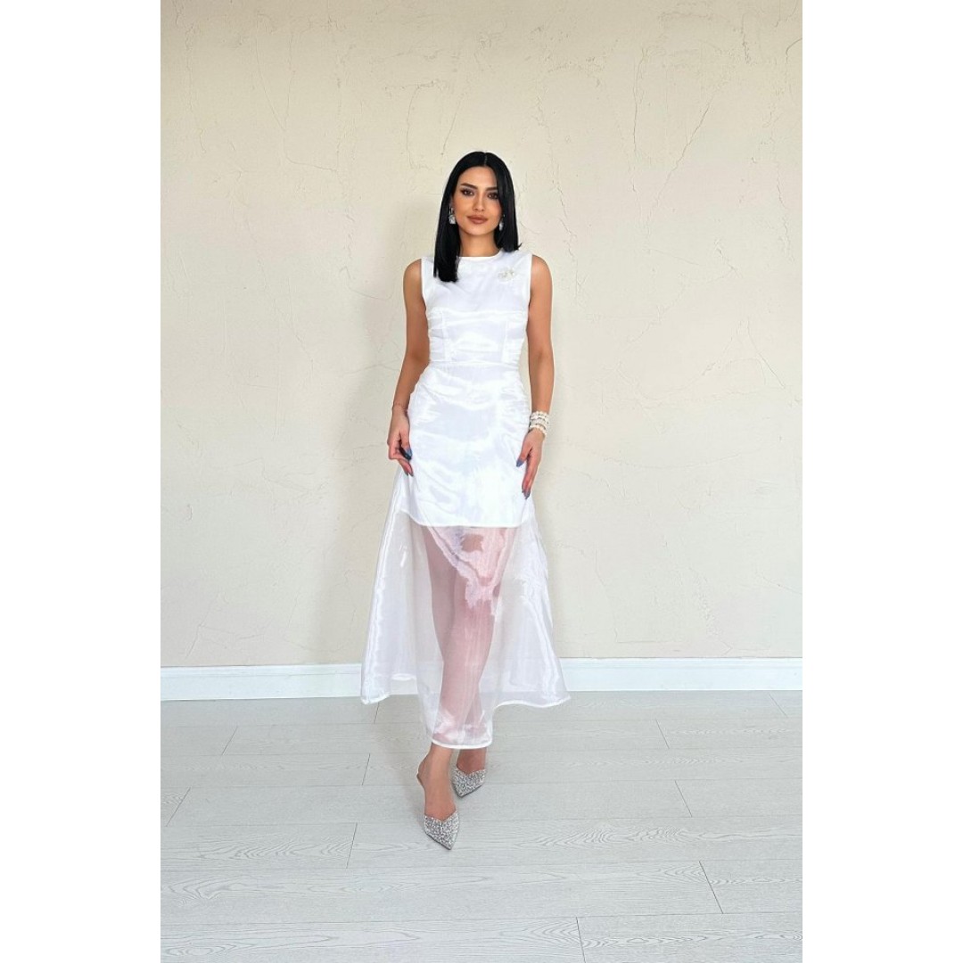 Beyaz Organze Detaylı Atlas Elbise - 154825 Beyaz Organze Detaylı Atlas Elbise - 154825