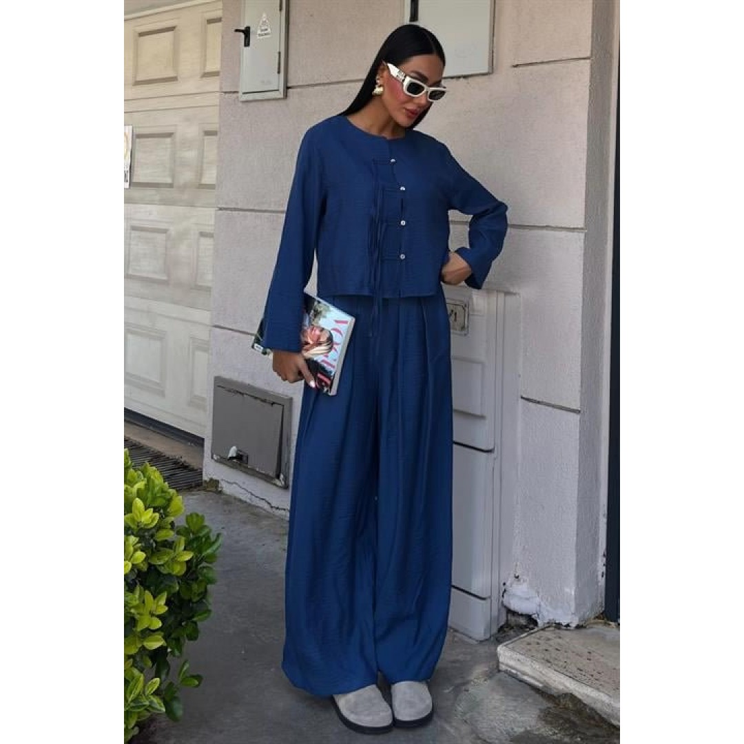 Önü İnce Kordon Detaylı Ve Double Paça Pantolonlu Takım 10180 - 159417 Önü İnce Kordon Detaylı Ve Double Paça Pantolonlu Takım 10180 - 159417