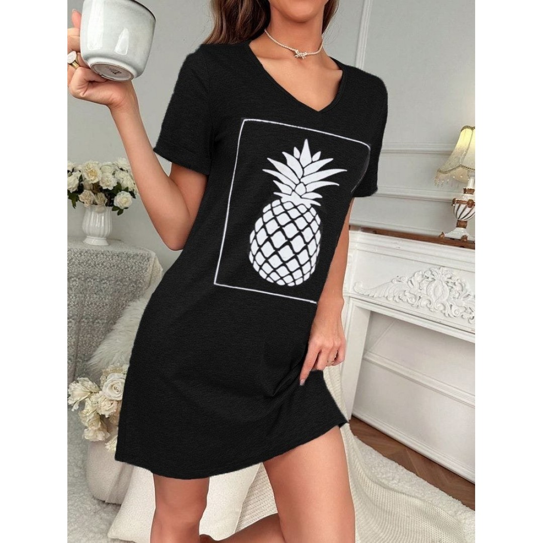 Kadın Ananas Baskılı Kısa Kol Viskon Elbise - 56085 Kadın Ananas Baskılı Kısa Kol Viskon Elbise - 56085