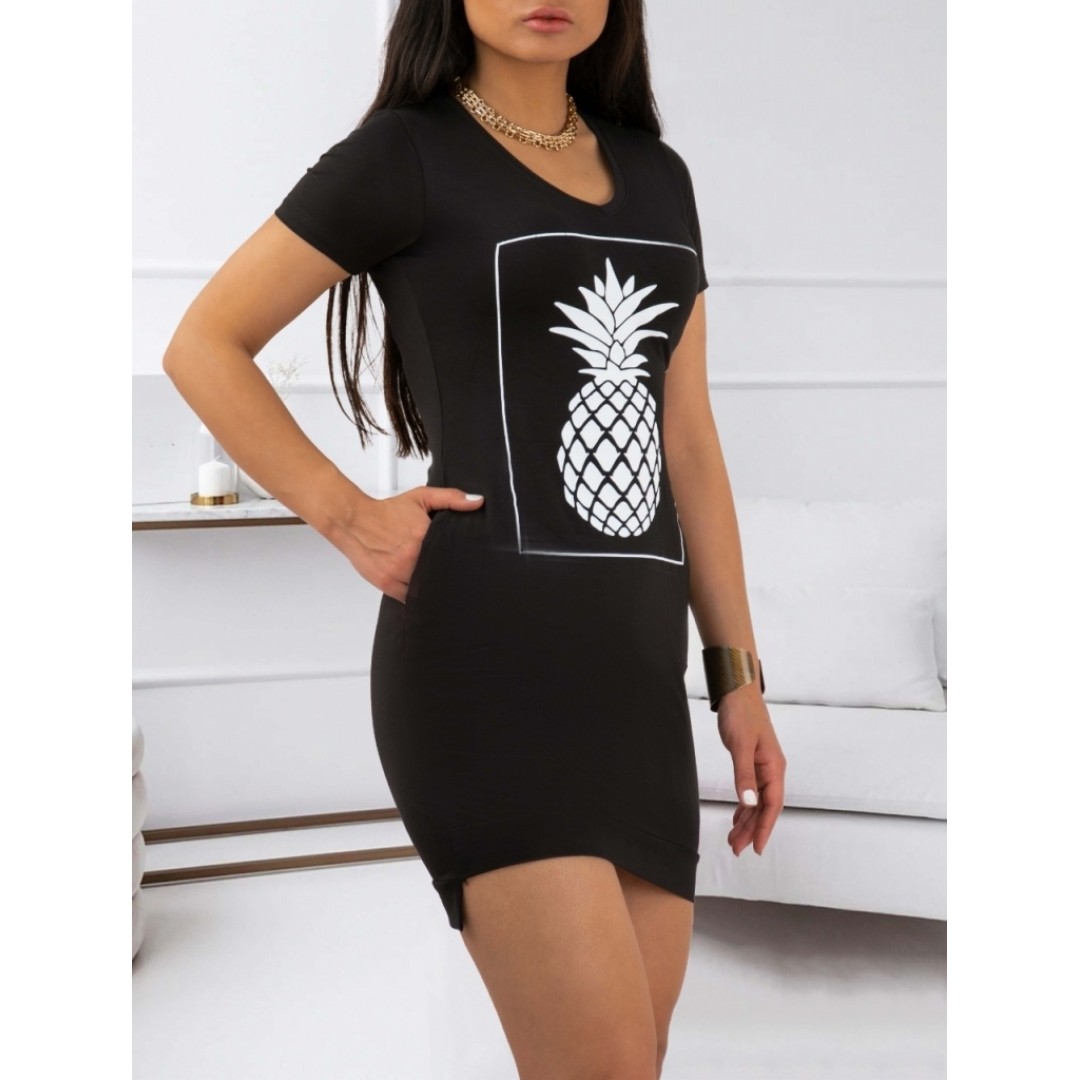 Kadın Ananas Baskılı Kısa Kol Viskon Elbise - 56085 Kadın Ananas Baskılı Kısa Kol Viskon Elbise - 56085